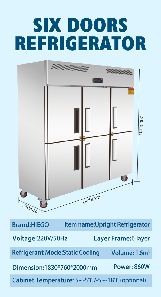 Tủ lạnh thẳng đứng thương mại 1600L Tủ đông 6 cửa bằng thép không gỉ 10